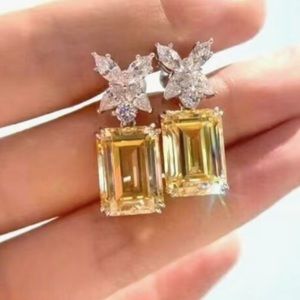 Exquisite 4-Claw Yellow Gemstone Butterfly Sparkling Zircon Dangle Earrings